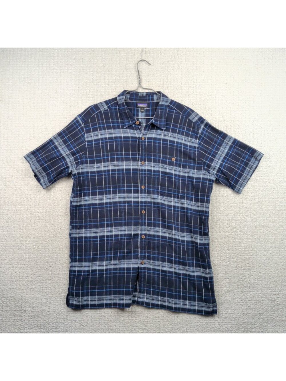 Patagonia Shirt Mens L Blue Plaid A/C Organic Cotton Button Up Lightweight Gorp